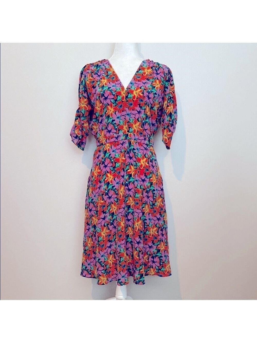 Tucker Orange and Blue ruched Sleeve Midi Sundress